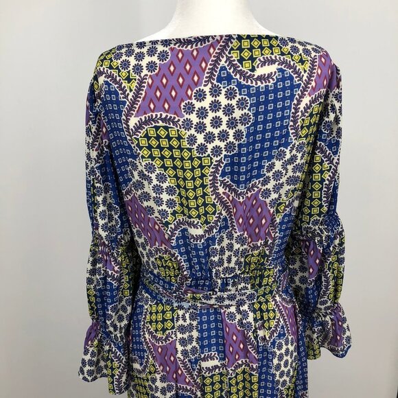 CQ by CQ multicolor geometric patchwork long sleeve ruffle Wrap Maxi dress Lg - Picture 5 of 14